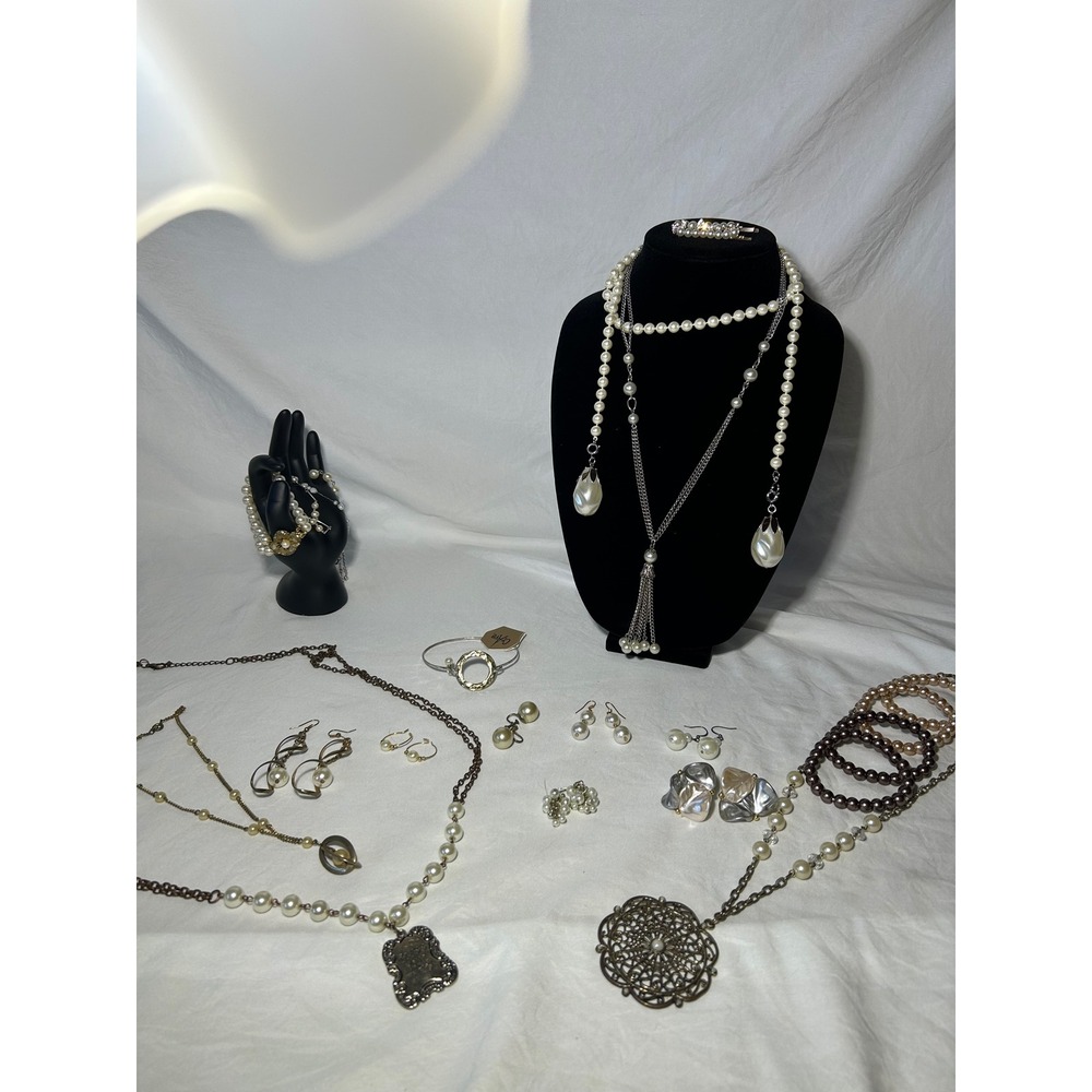 2-3lbs Wearable Chunky Faux Pearl Necklace Bracelet Earrings Silver Tone Metal‎